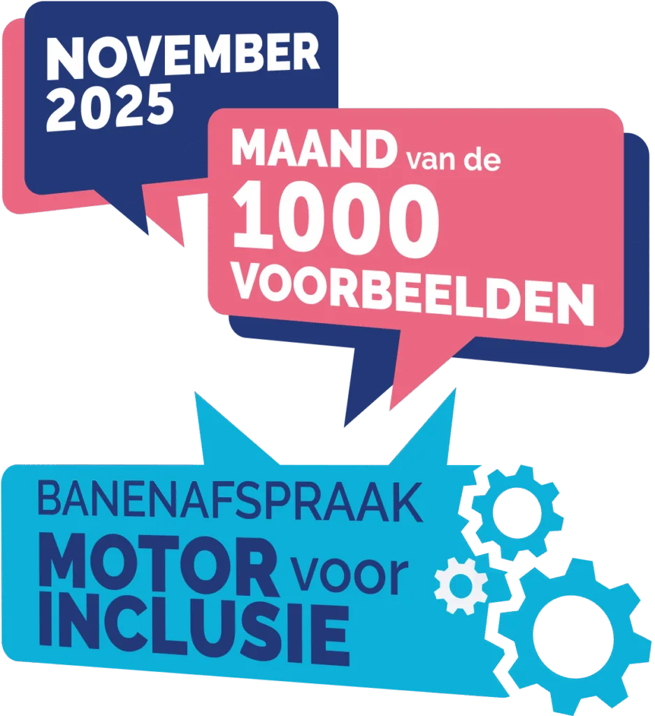 Drie kleurrijke tekstballonnen met Nederlandse tekst: "November 2025," "Maand van de 1000 voorbeelden," en "Banenafspraak Motor voor Inclusie" met blauwe tandwielen in de rechterbenedenhoek.