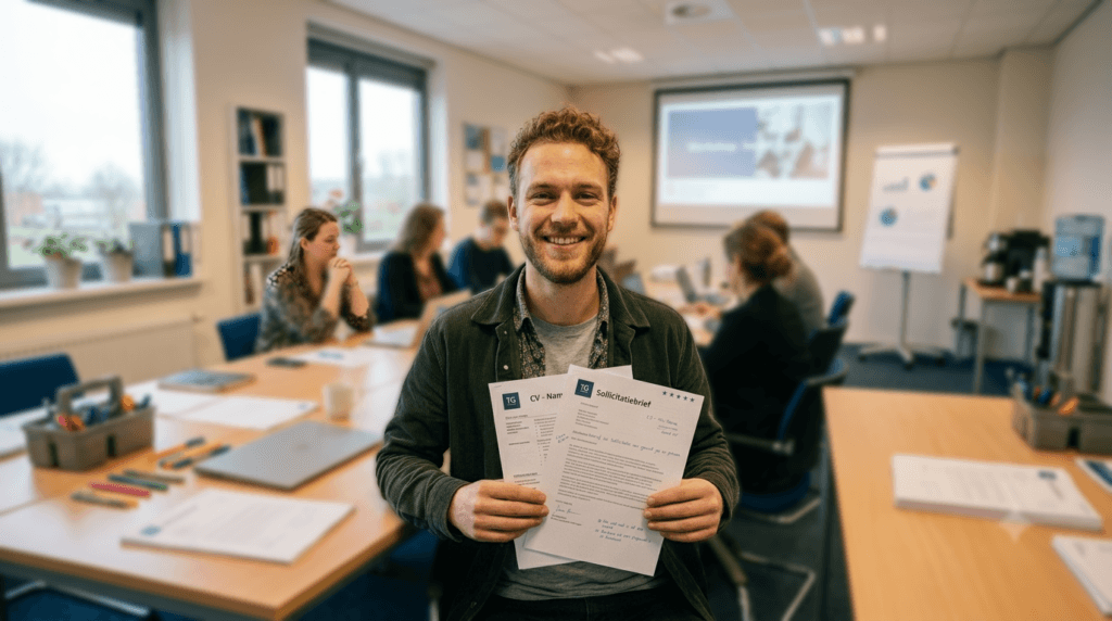 man in klaslokaal, die zijn cv en sollicitatiebrief in de hand houdt