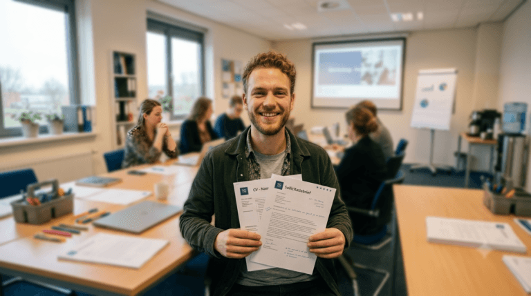 man in klaslokaal, die zijn cv en sollicitatiebrief in de hand houdt