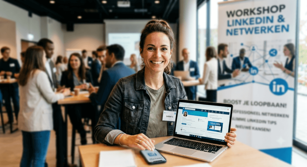 Een vrouw met een laptop zit achter aan tafel. Op de achtergrond pratende mensen