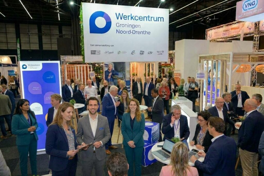 AI image of a trade show booth with a lot of people